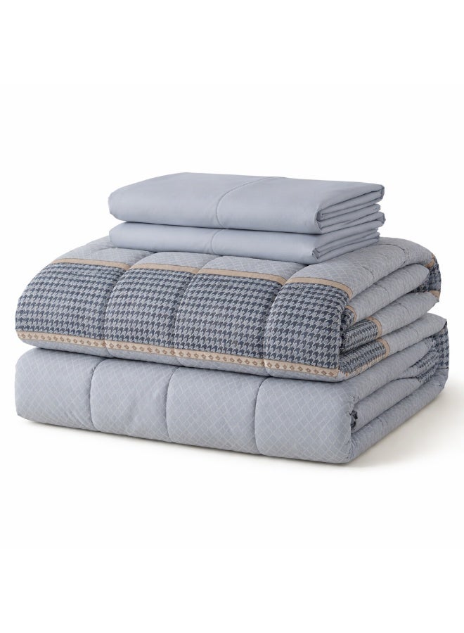 ماركه  طقم مفرش سرير نفر ونص 4 قطع وجهين (مشجر / سادة) – لحاف منفوخ مايكروفايبر 170×230 سم مع شرشف مطاطي، خامة فاخرة وتصميم أنيق يمنح غرفتك لمسة فخامة وراحة - Image 4